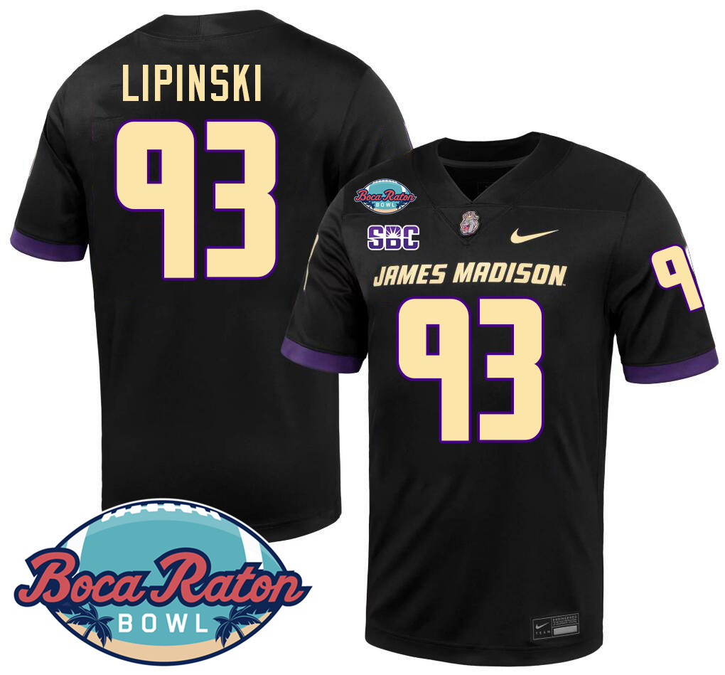 #93 Max Lipinski James Madison Dukes 2024 Boca Raton Bowl Jersey-Black